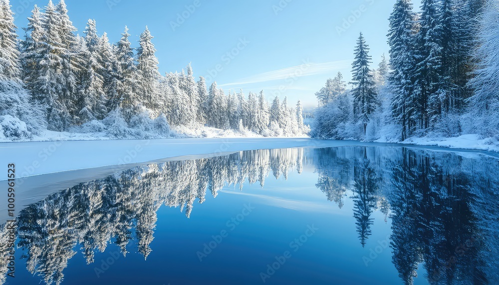 Scenic Winter Forest with Icy Reflections Under Blue Skies Scenic Winter Forest with Icy Reflections Under Blue Skies