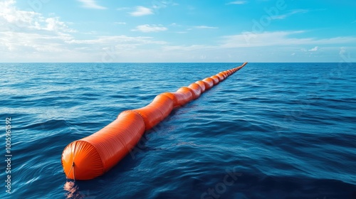 Vibrant orange buoy floating in calm blue ocean waters, showcasing the beauty of marine life and coastal protection. photo