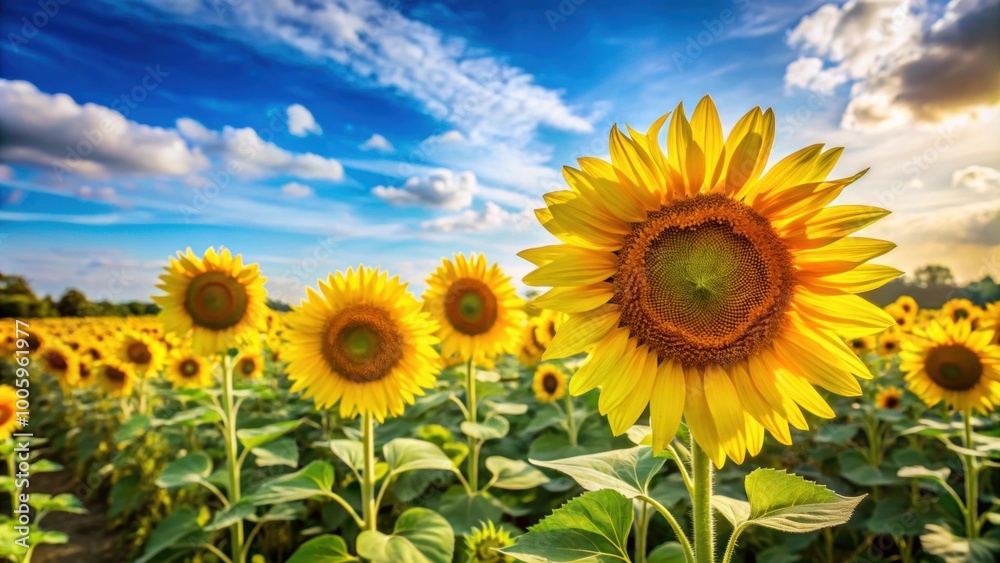Bright yellow sunflowers in a rural landscape under the blue sky, sunflower, flowers, yellow, blue sky, rural, landscape Bright yellow sunflowers in a rural landscape under the blue sky, sunflower, flowers, yellow, blue sky, rural, landscape