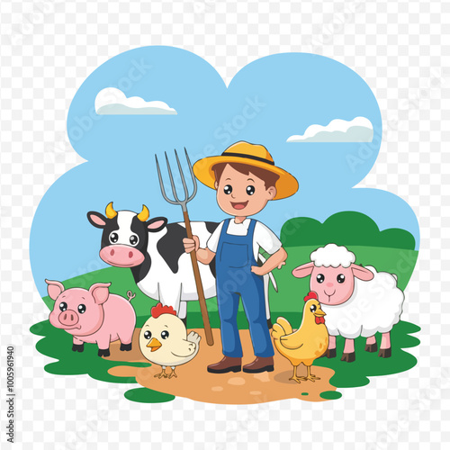 Flat icons of farm animals Farmer barns cow pig sheep chicken  and wheelbarrow Vector