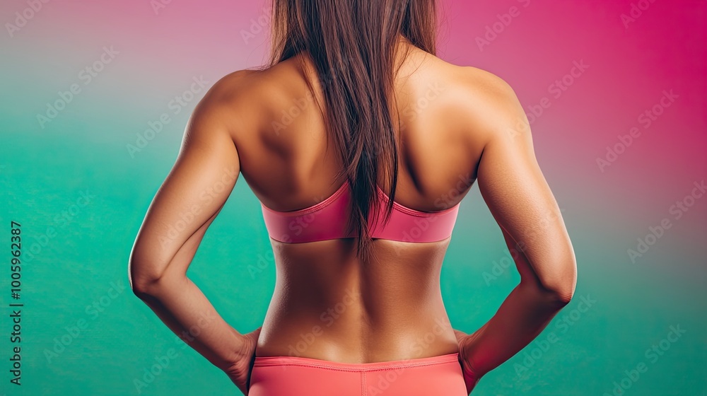 Naklejka premium Woman in sports attire poses confidently, showcasing her strong back against a colorful gradient background.