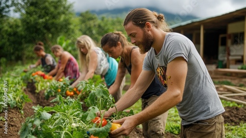 Wallpaper Mural Volunteers harvest fresh vegetables in a lush garden, embodying teamwork and sustainable agriculture in a beautiful rural setting. Torontodigital.ca
