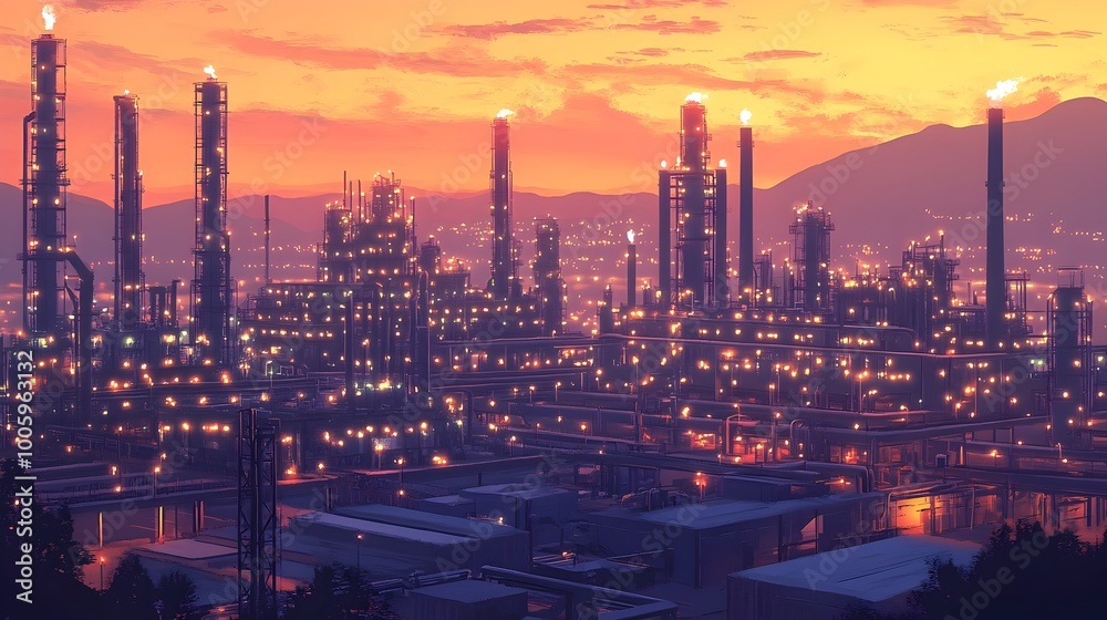 custom made wallpaper toronto digitalSleek and Sustainable Pastel Palette Miniature Oil Refinery in Futuristic Urban Landscape at Dusk Digital Painting of Modern and Environmentally Conscious Energy Production Facility with Minimalist