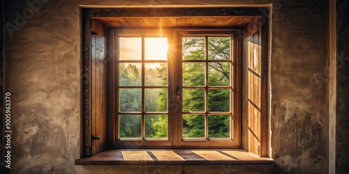 Antique window with view of bright daylight outside from dark interior, antique, window, view, daylight, bright, interior