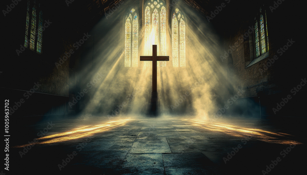 Naklejka premium Sunlit cross in serene gothic cathedral with spiritual atmosphere