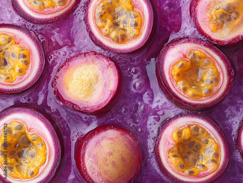 A close-up view of passion fruits, both whole and halved, showcasing their vibrant seeds and juicy interior. A close-up view of passion fruits, both whole and halved, showcasing their vibrant seeds and juicy interior.