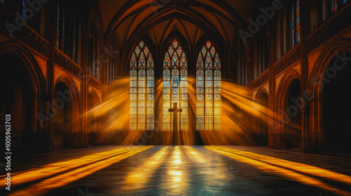 Sunlit cross in serene gothic cathedral with spiritual atmosphere