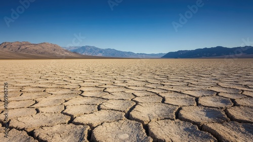 A dry, cracked desert lakebed with wide, intricate patterns in the ground, stretching toward the distant mountains under a cloudless sky.