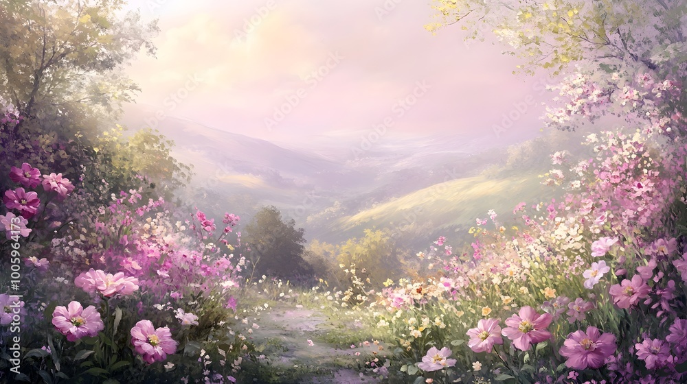 Obraz premium Elegant and Lush Pastel Colored Floral Landscape with Soft Natural Lighting Ethereal and Serene Impressionist Style Atmosphere and Tranquil Victorian Inspired Rolling Hillside Setting