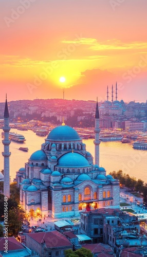 Sunset Over Istanbul Ornate Mosque Glows Golden, With Serene Waterway Views, Beautiful Turkey.