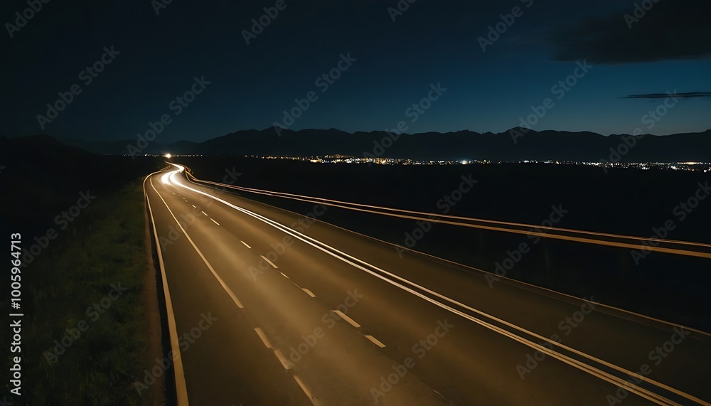 Fototapeta premium A bustling urban night scene on a well-lit highway as cars rush past leaving bright trails of red and white lights in the dark, creating a dynamic and vibrant cityscape.expressway, highway, journey,38