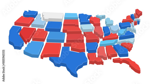 Vector map of the United States with states in red, blue, representing election results and voting trends.