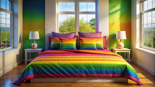 Colorful rainbow bedspread and pillows brightening up a room with a window , rainbow, bedspread, pillows, colorful, vibrant photo