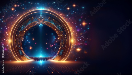 Circle teleport podium. Portal science futuristic stage. Hi-tech teleportation in HUD projector. Magic gate in game fantasy. GUI and UI virtual reality 3D circular. Portal to another universe