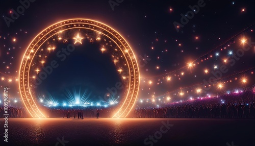 Circle teleport podium. Portal science futuristic stage. Hi-tech teleportation in HUD projector. Magic gate in game fantasy. GUI and UI virtual reality 3D circular. Portal to another universe photo