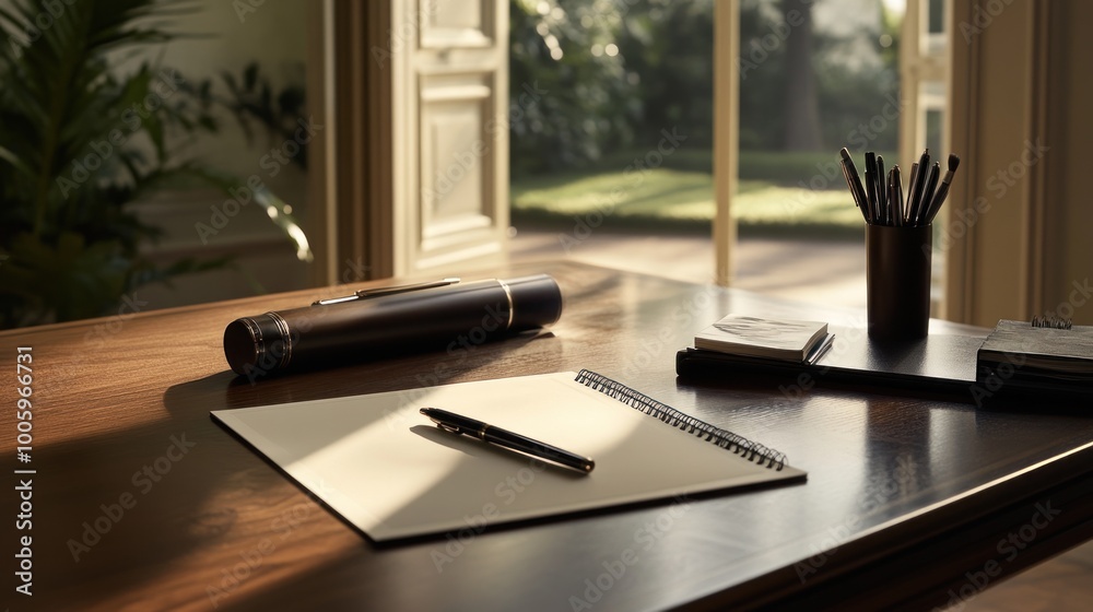 A serene workspace with stationery and natural light illuminating a wooden desk.