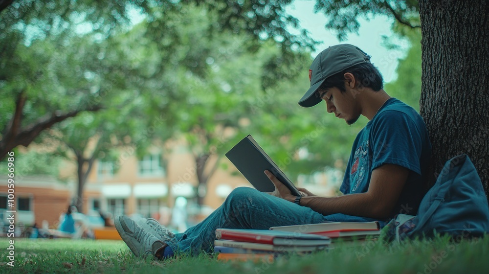 A young person reading a book while sitting on the grass surrounded by other students. A young person reading a book while sitting on the grass surrounded by other students.
