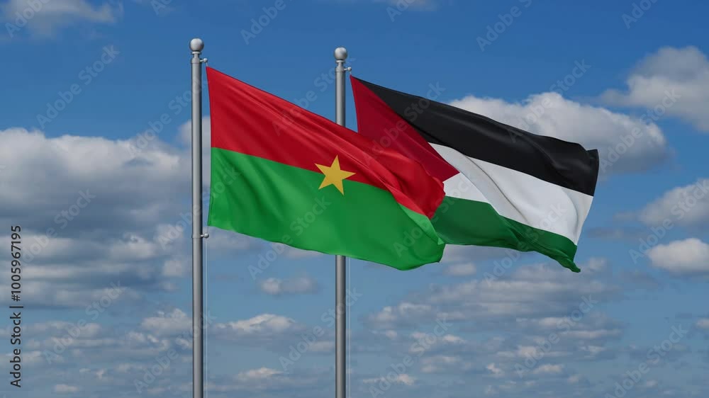 Palestine and Gaza Strip and Burkina Faso two flags waving together on blue , video concept of the relationship Palestine and Gaza Strip and Burkina Faso two flags waving together on blue , video concept of the relationship