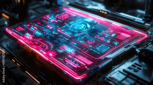 Futuristic digital interface featuring vibrant neon colors, technology elements, and interactive design for sci-fi concepts.