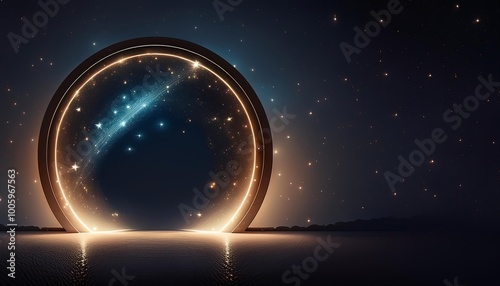 Circle teleport podium. Portal science futuristic stage. Hi-tech teleportation in HUD projector. Magic gate in game fantasy. GUI and UI virtual reality 3D circular. Portal to another universe photo