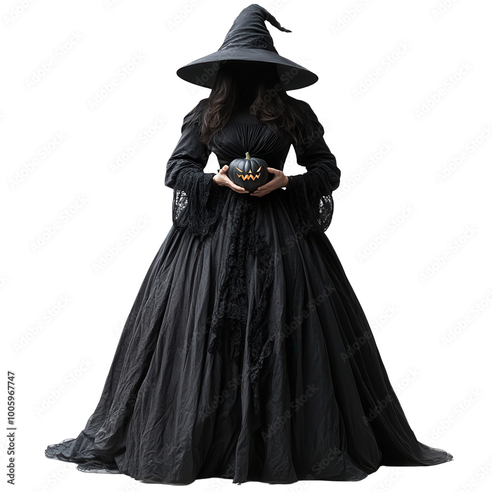 Mysterious witch in dark cloak and hat holding a small pumpkin. Perfect for Halloween themed designs, advertisements, and backgrounds isolate on transparency background Mysterious witch in dark cloak and hat holding a small pumpkin. Perfect for Halloween themed designs, advertisements, and backgrounds isolate on transparency background