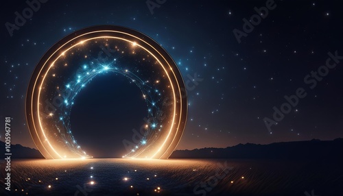 Circle teleport podium. Portal science futuristic stage. Hi-tech teleportation in HUD projector. Magic gate in game fantasy. GUI and UI virtual reality 3D circular. Portal to another universe photo