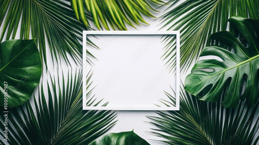 A frame surrounded by lush green leaves, ideal for showcasing content or artwork. A frame surrounded by lush green leaves, ideal for showcasing content or artwork.