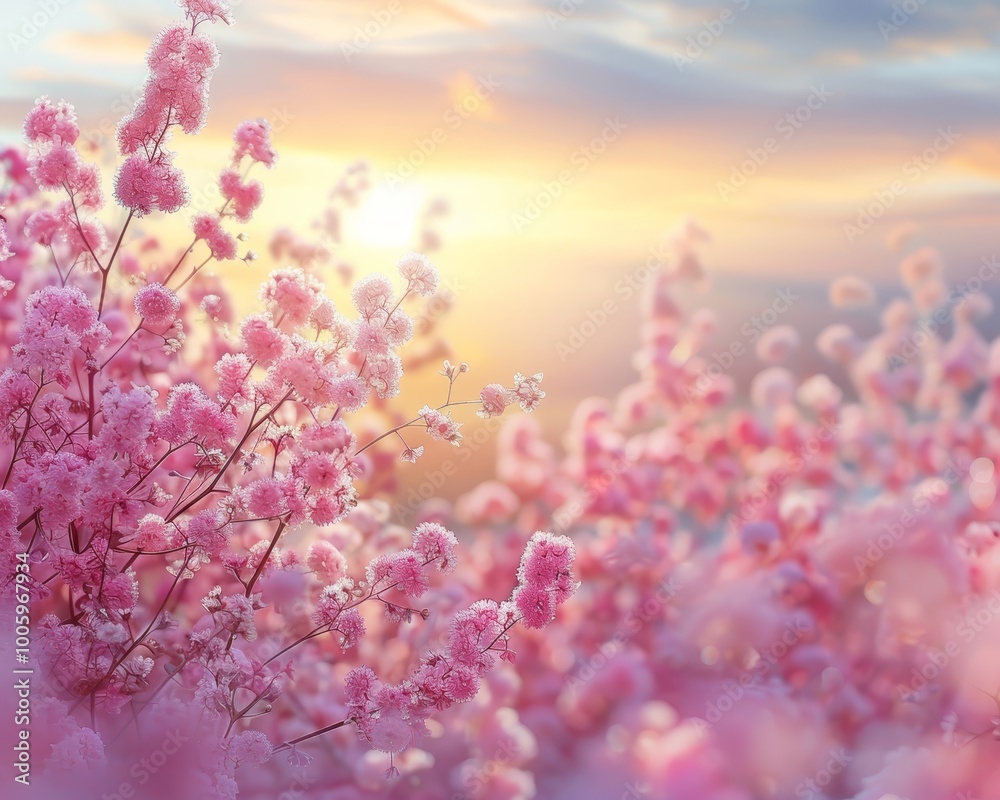 Gypsophila blooms framed by a stunning sunrise, creating a breathtaking natural scene Gypsophila blooms framed by a stunning sunrise, creating a breathtaking natural scene