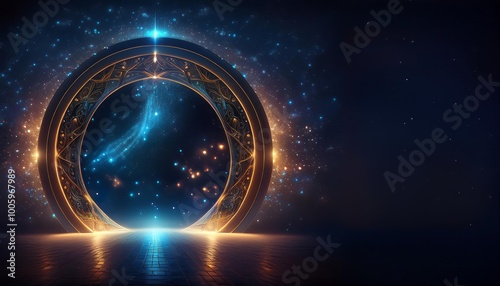 Circle teleport podium. Portal science futuristic stage. Hi-tech teleportation in HUD projector. Magic gate in game fantasy. GUI and UI virtual reality 3D circular. Portal to another universe photo