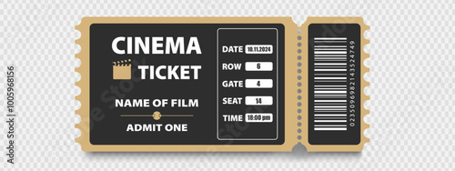 Golden cinema ticket with barcode. Stylish cinema ticket. Admit one coupon. Evening film	
