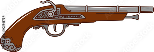 Musket gun, retro cartoon groovy pirate and corsair vintage pistol. Isolated vector old powder revolver, antique weapon for musketeer, cowboy or filibuster. Handgun in hippie nostalgic y2k funky style