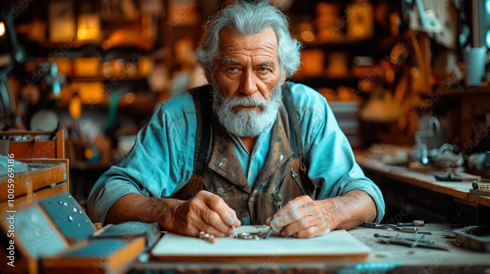 Goldsmith sits in his workshop and works on a piece of jewelry