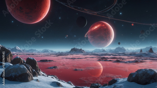 A frozen alien planet with icy rings and moons, orbiting a red dwarf star. The sky is filled with constellations and a nearby galaxy, casting a dim glow over the frozen landscape photo