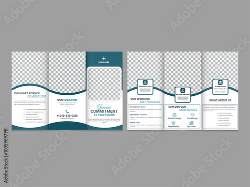 Minimal and professional Medical vector trifold brochure design template for print, company trifold leaflet, magazine, annual report, trifold flyer layout, pamphlet, leaflet