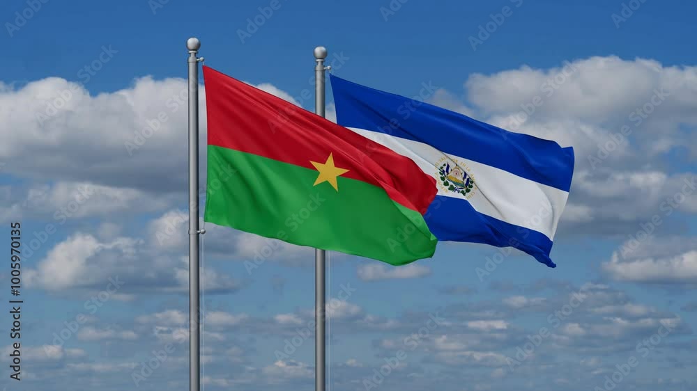 Republic of El Salvador and Burkina Faso flags flying together, video concept of the relationship, two country cooperation concept Republic of El Salvador and Burkina Faso flags flying together, video concept of the relationship, two country cooperation concept