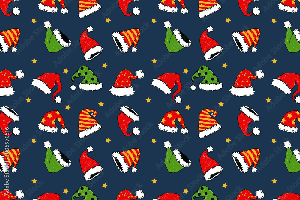 Santa hat pattern in hand drawn style. Pencil drawings with a retro vibe. Repeatable pattern with hats. Holiday background Santa hat pattern in hand drawn style. Pencil drawings with a retro vibe. Repeatable pattern with hats. Holiday background