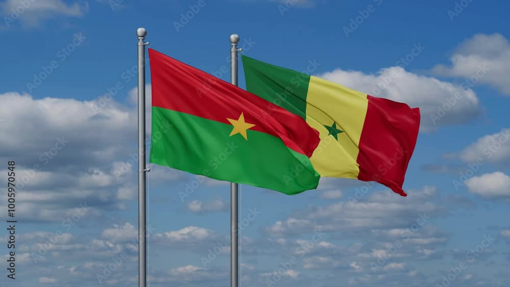 Republic of Senegal and Burkina Faso flags flying together, video concept of the relationship, two country cooperation concept Republic of Senegal and Burkina Faso flags flying together, video concept of the relationship, two country cooperation concept