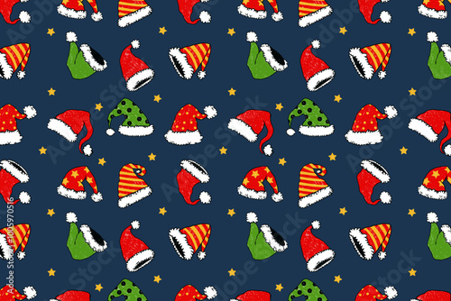 Santa hat pattern in hand drawn style. Pencil drawings with a retro vibe. Repeatable pattern with hats. Holiday background