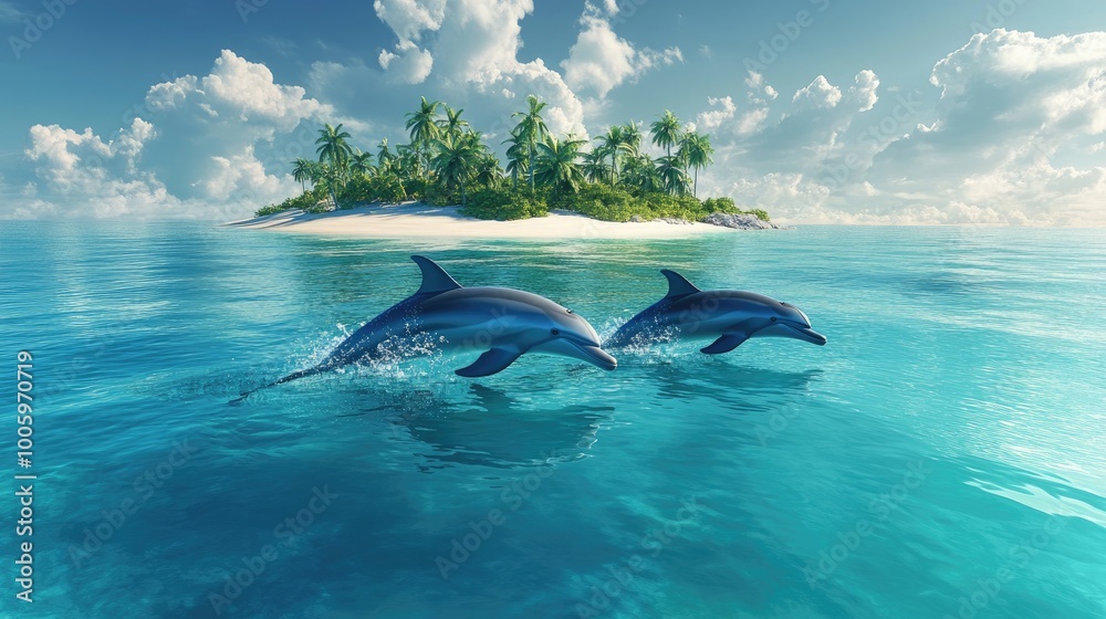 Fototapeta premium A group of dolphins swimming near an island, with their fins breaking the surface of the calm, turquoise waters
