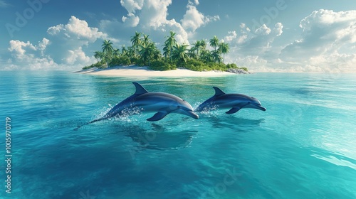 A group of dolphins swimming near an island, with their fins breaking the surface of the calm, turquoise waters photo