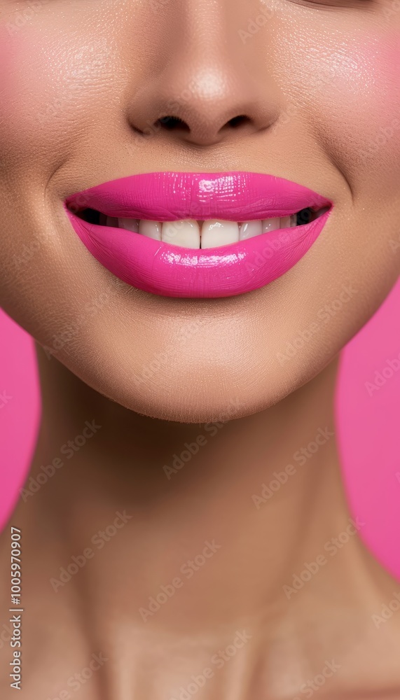 Close Up Of A Womans Smiling Pink Lips With Pink Lipstick Against A Vibrant Pink Background. Close Up Of A Womans Smiling Pink Lips With Pink Lipstick Against A Vibrant Pink Background.