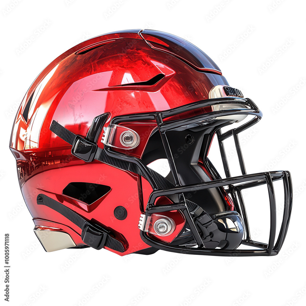 Shiny red football helmet with black facemask on white background, high-quality close-up, professional sports equipment, safety gear isolate on transparency background Shiny red football helmet with black facemask on white background, high-quality close-up, professional sports equipment, safety gear isolate on transparency background