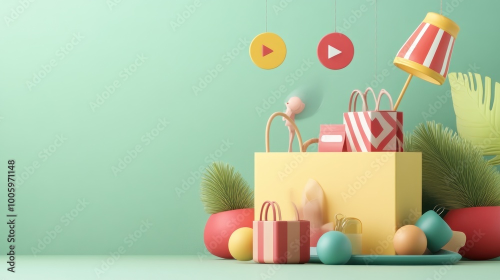 A colorful arrangement of playful objects and gifts against a pastel background.