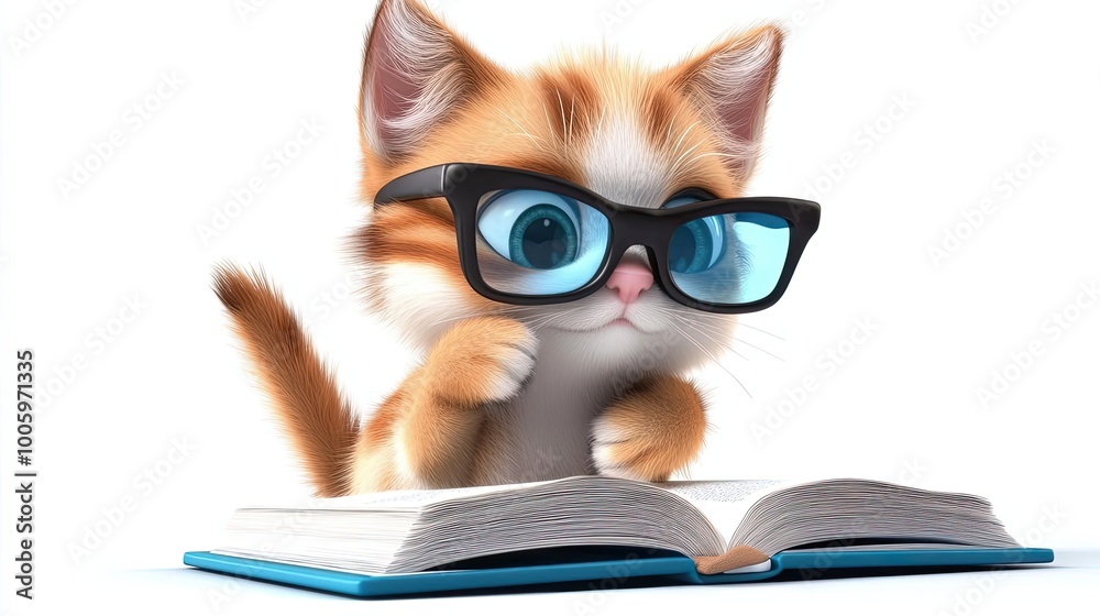A Cute Kitten Wearing Glasses Reads a Book A Cute Kitten Wearing Glasses Reads a Book