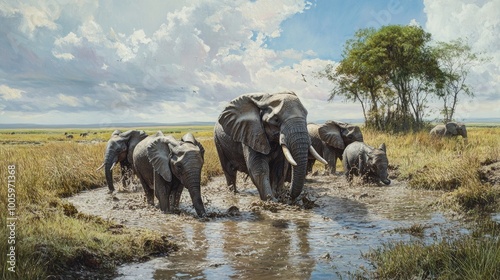 A group of elephants bathing in a muddy waterhole on the savannah, with tall grasses and distant trees framing the scene. photo