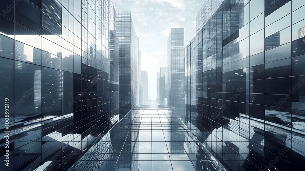 Sleek futuristic cityscape with a grid like arrangement of towering skyscrapers featuring angular glass facades and a modern industrial aesthetic Sleek futuristic cityscape with a grid like arrangement of towering skyscrapers featuring angular glass facades and a modern industrial aesthetic
