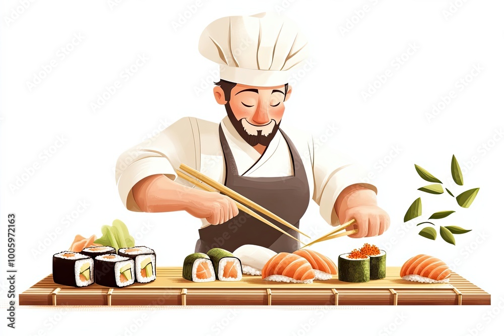 A Cartoon Chef Arranging a Plate of Sushi A Cartoon Chef Arranging a Plate of Sushi