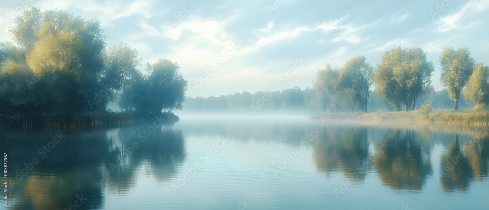 Fototapeta premium Peaceful lakeside vista with calm waters mirroring the surrounding trees and sky creating a serene natural landscape with a sense of quiet contemplation Captured in a cinematic widescreen format