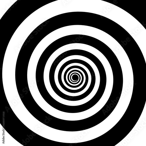 Psychedelic hypnotic swirl or spiral pattern with hypnosis effect, vector background. Hypnotic spiral tunnel of white black swirls and twirls of wormhole optical illusion or psychedelic effect pattern
