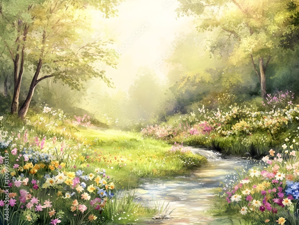 Serene pastel hued meadow with a tranquil stream flowing through delicate floral arrangements dappled sunlight filtering through trees Serene pastel hued meadow with a tranquil stream flowing through delicate floral arrangements dappled sunlight filtering through trees
